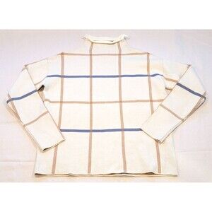 Tahari Sz S Funnel Mock Neck Windowpane Sweater Cream Blue Tan Plaid Long Sleeve